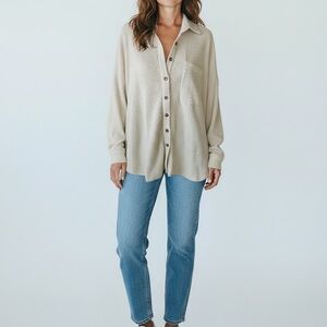 CJLA Womens Cream Waffled Button Down Shacket Thick Fabric Medium